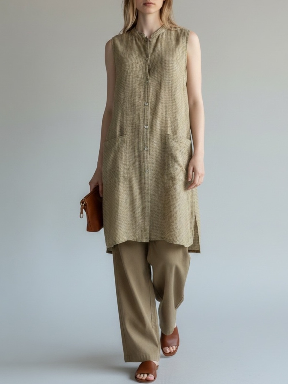 Eileen Fisher Puckered Organic Linen Long Shirt In Khaki | Size PL